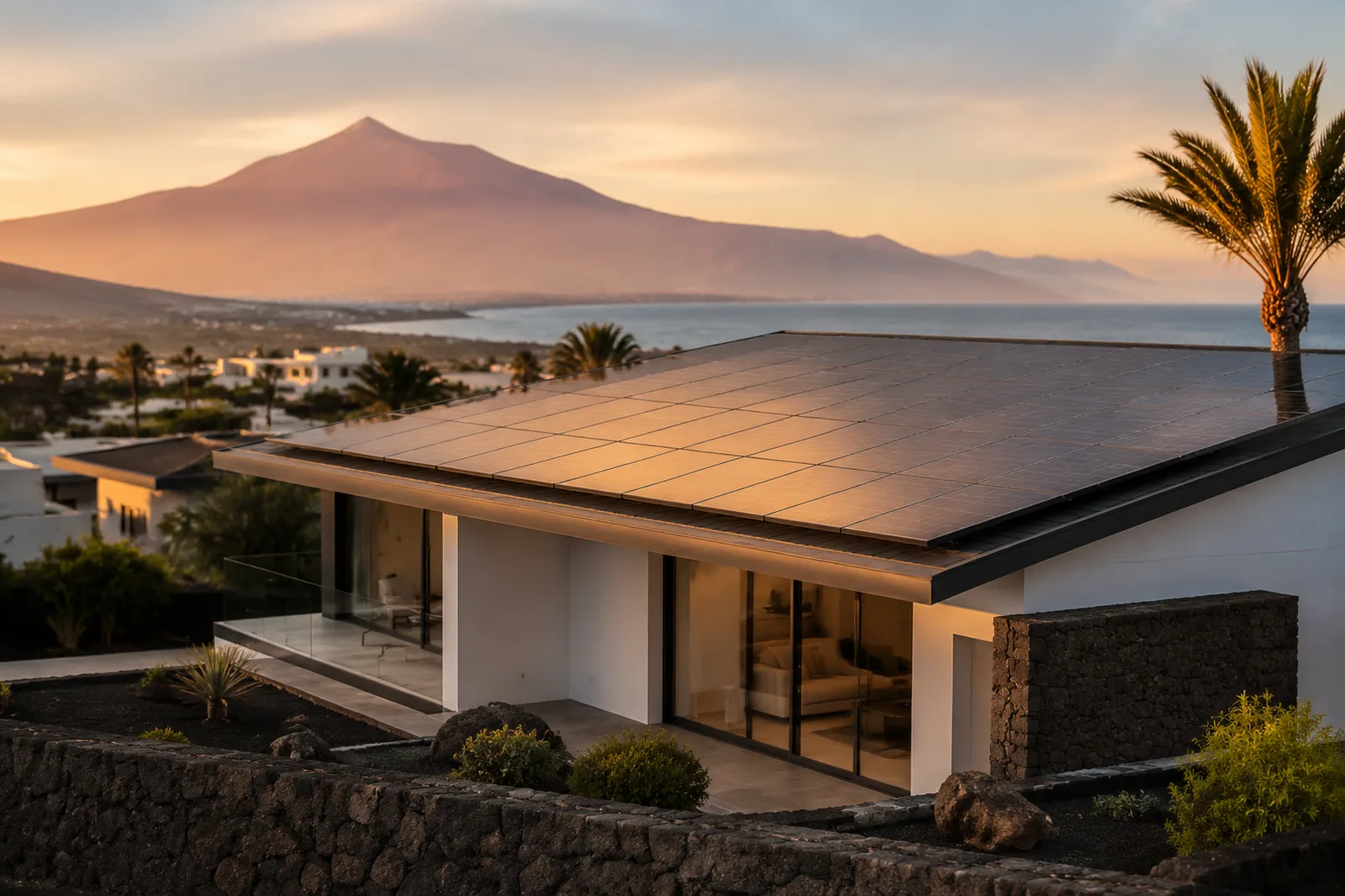 Vivienda canaria con instalación solar al amanecer