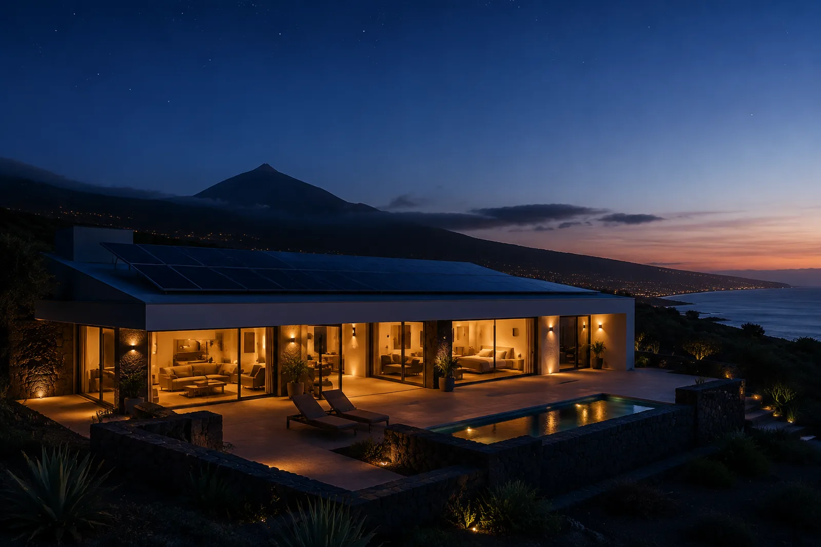 Vivienda canaria autosuficiente iluminada de noche